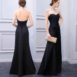 Black Bridesmaid Satin Sheath Sweetheart Strapless Lace Up Back Dress